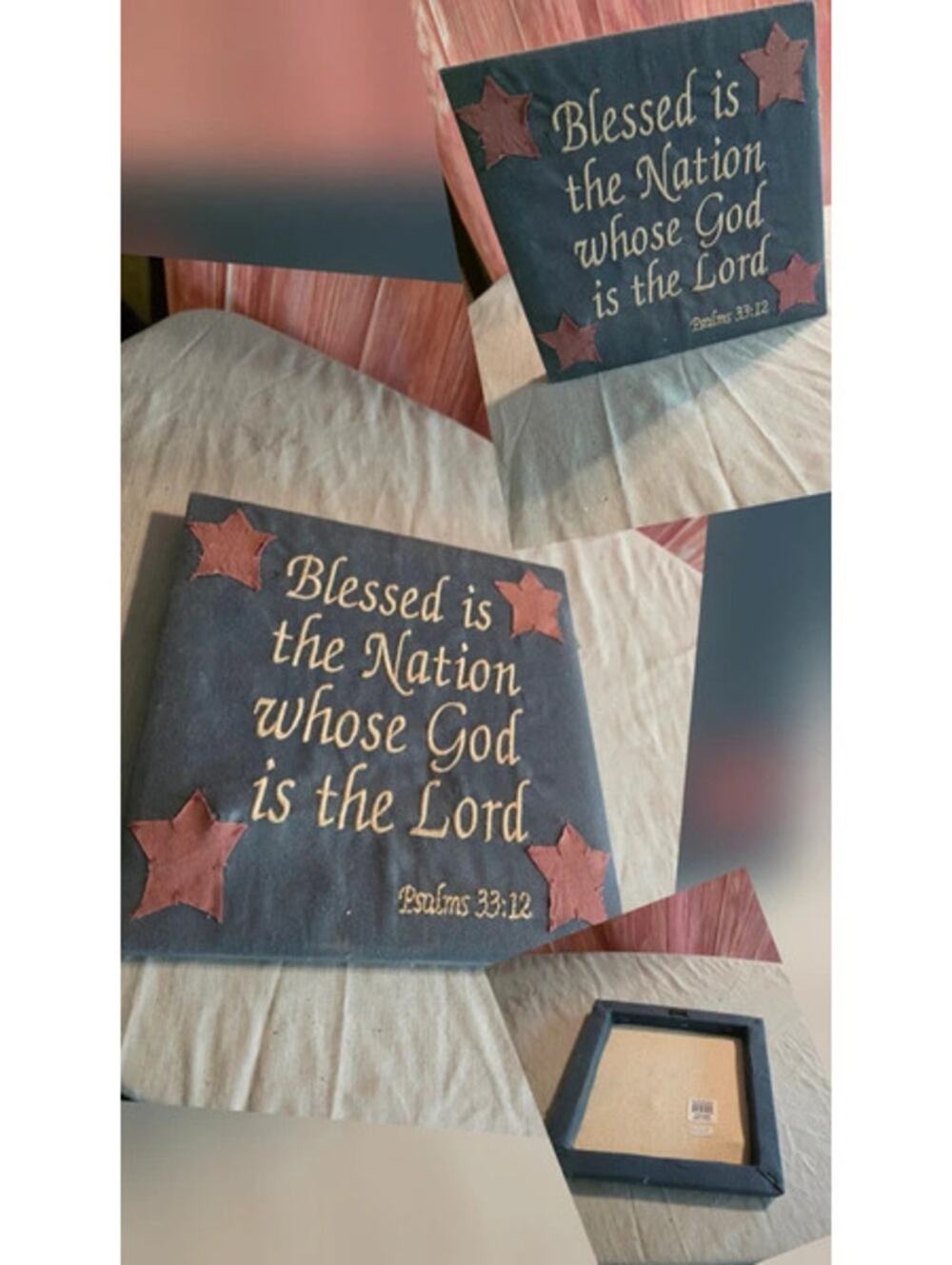 Primitive Farmhouse Stitched Psalm 33:12 Fabric Canvas Sign - Patriotic Decor